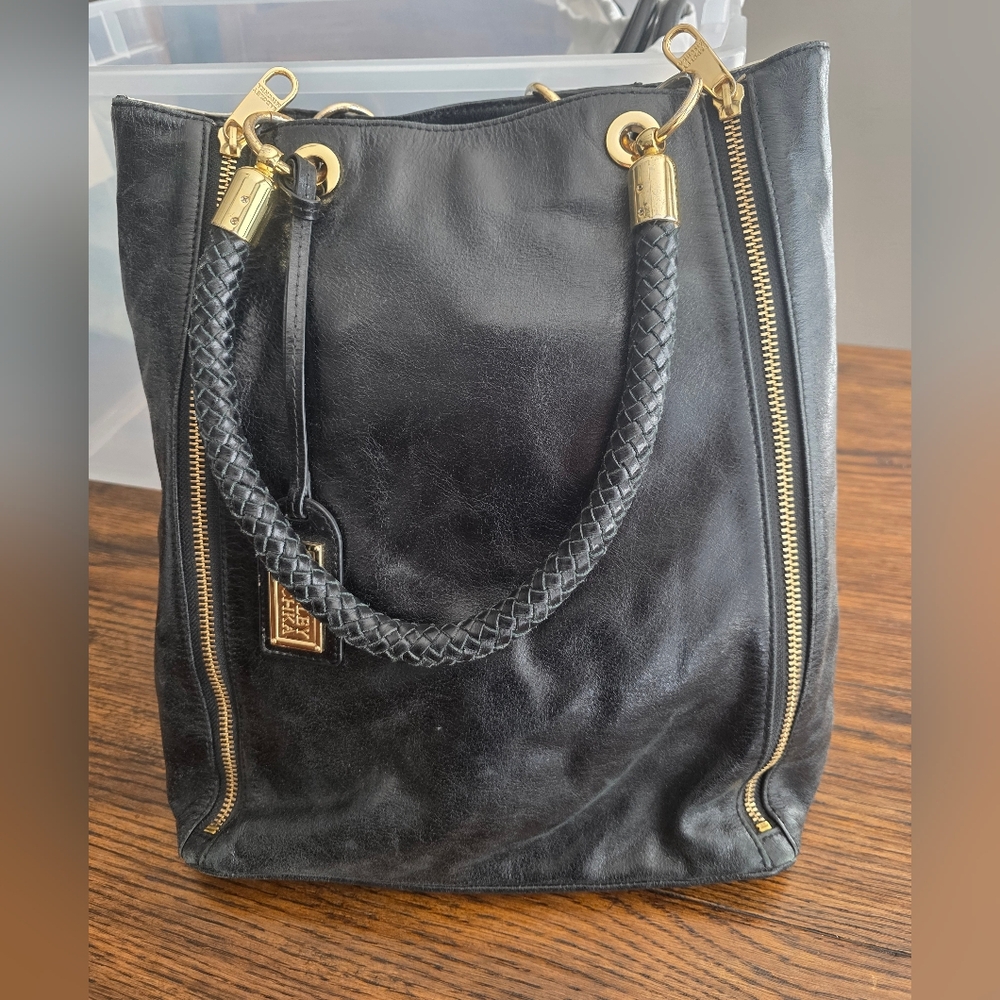 Badgley Mischka Black and Cream leather Shoulder tote Bag with Gold Accents - Picture 2 of 5